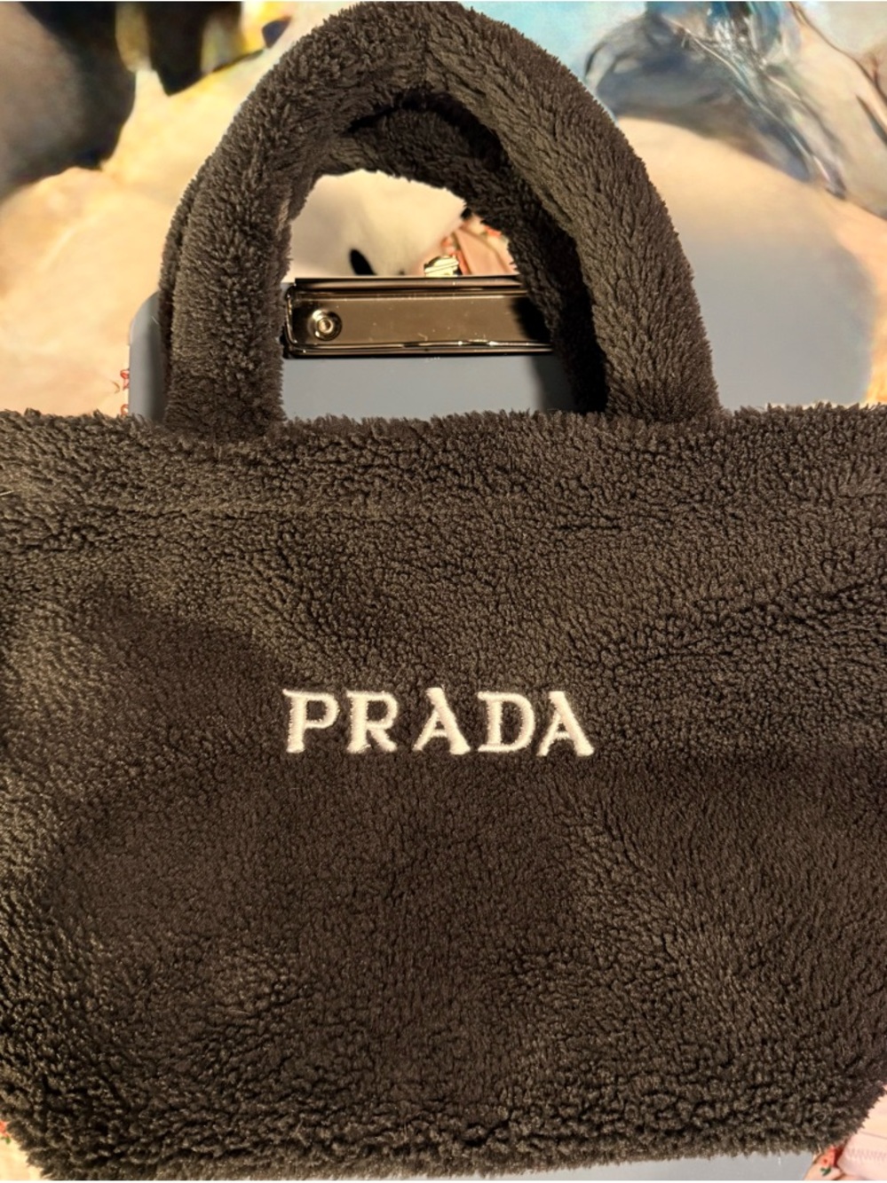 Prada Black Fleece Tote Bag with White Embroidered Logo - Picture 4 of 6